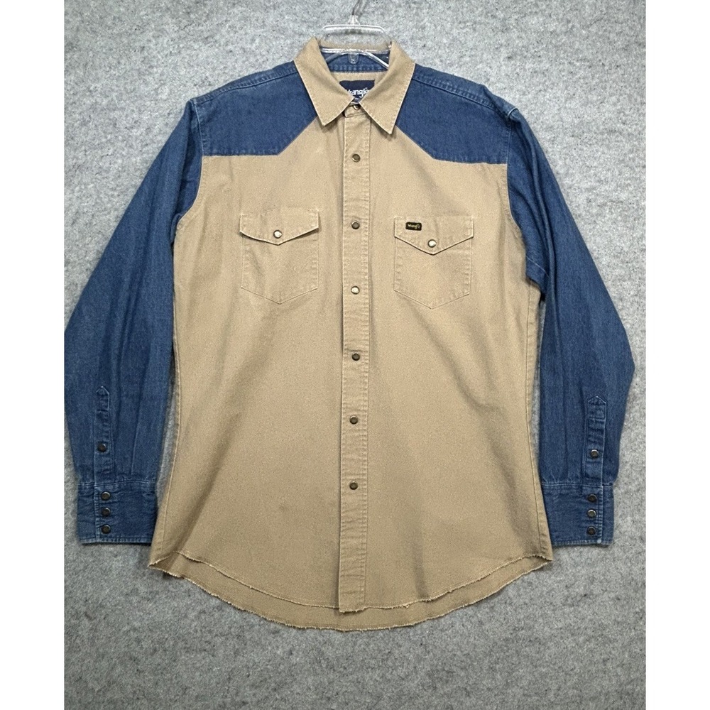 VTG Wrangler Mens Western Snap Shirt LT Tan Blue Two Tone Denim Canvas Casual